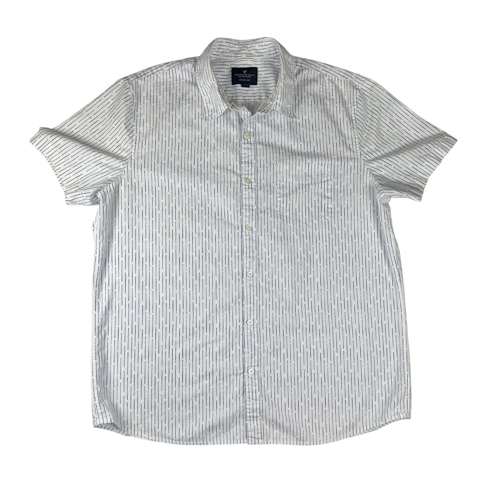 American Eagle Seriously Soft Mens XL White Blue Dash Stripe‎ Short Sleeve Shirt